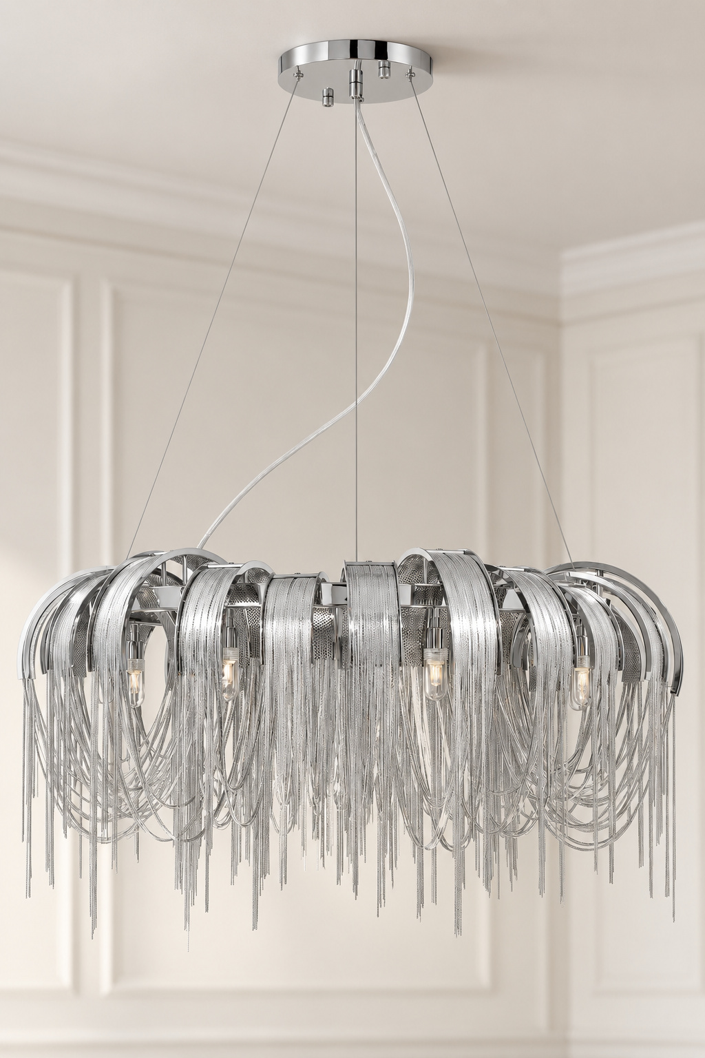Lustre circulaire chromé à franges métalliques