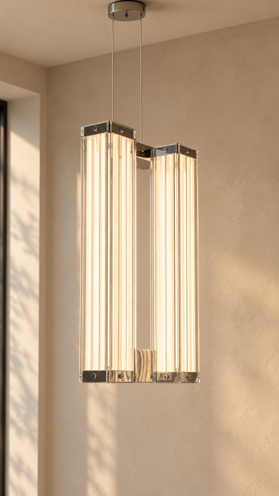 Suspension contemporaine à double colonne lumineuse, finition chromée